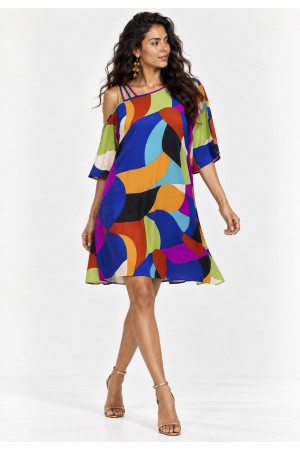 Vestido Curto Iara Viscose Ombro a Mostra Estampa Jardim Azul