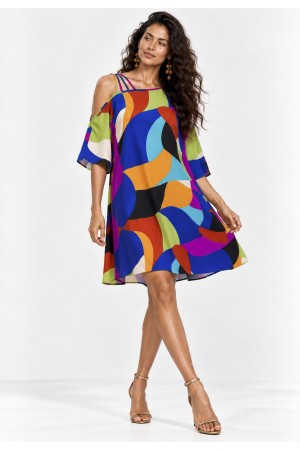 Vestido Curto Iara Viscose Ombro a Mostra Estampa Jardim Azul