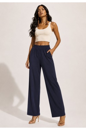 Calça Reta Naná Malha Azul Marinho