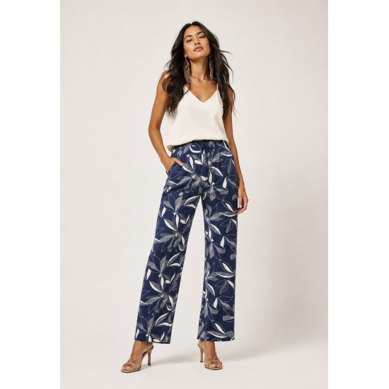 Calça Reta Naná Malha Estampa Hibisco Blue