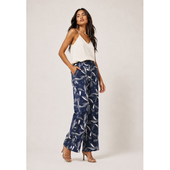 Calça Reta Naná Malha Estampa Hibisco Blue