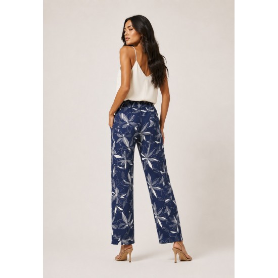 Calça Reta Naná Malha Estampa Hibisco Blue