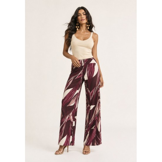 Calça Pantalona Granja Malha Estampa Selva Bordô