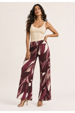 Calça Pantalona Granja Malha Estampa Selva Bordô