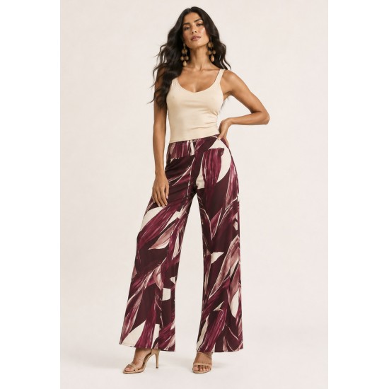 Calça Pantalona Granja Malha Estampa Selva Bordô