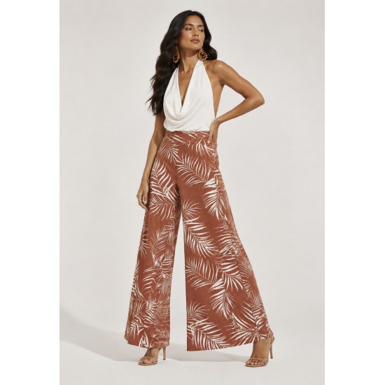 Calça Pantalona Granja Malha Estampa Palmas da Terra