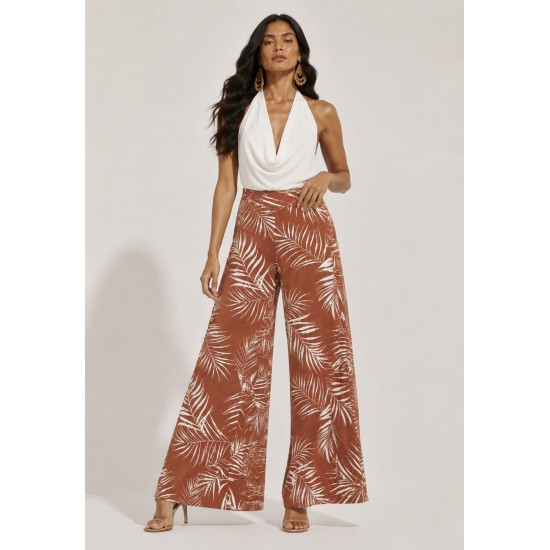 Calça Pantalona Granja Malha Estampa Palmas da Terra