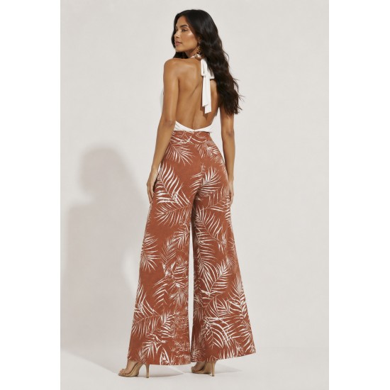 Calça Pantalona Granja Malha Estampa Palmas da Terra