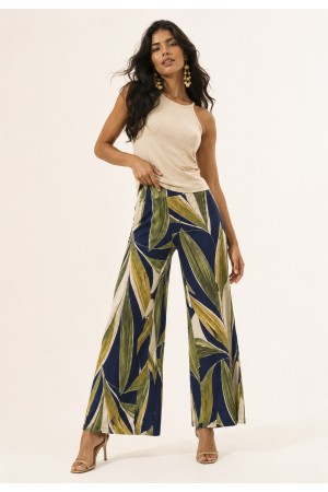 Calça Pantalona Granja Malha Estampa Selva Azul
