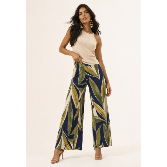 Calça Pantalona Granja Malha Estampa Selva Azul