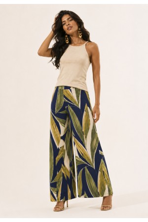 Calça Pantalona Granja Malha Estampa Selva Azul