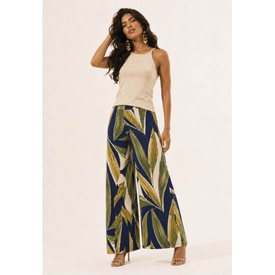 Calça Pantalona Granja Malha Estampa Selva Azul