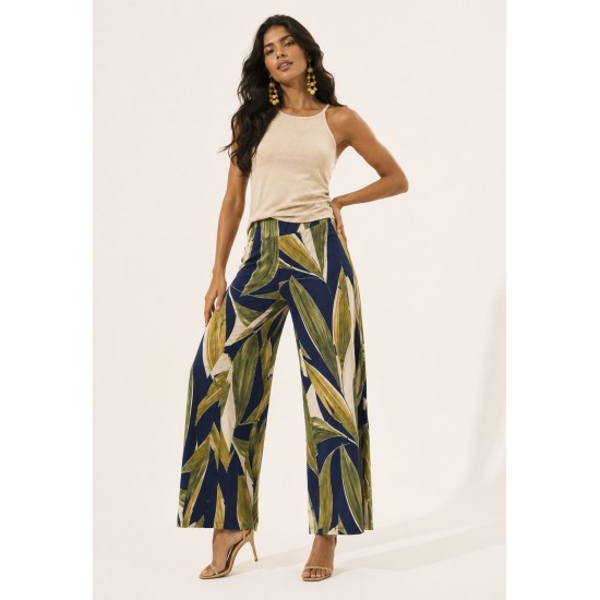 Calça Pantalona Granja Malha Estampa Selva Azul
