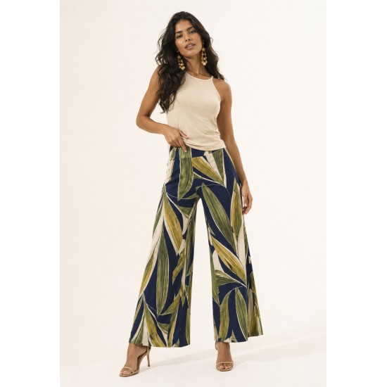 Calça Pantalona Granja Malha Estampa Selva Azul