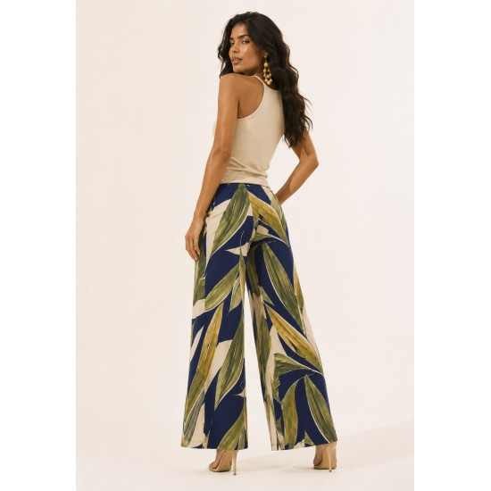 Calça Pantalona Granja Malha Estampa Selva Azul