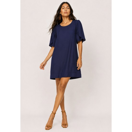 Vestido Curto Viscose Balli Manga Curta Azul Marinho