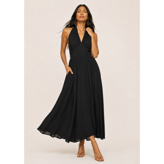 Vestido Longo Andirá Viscose Amarração nas Costas Preto