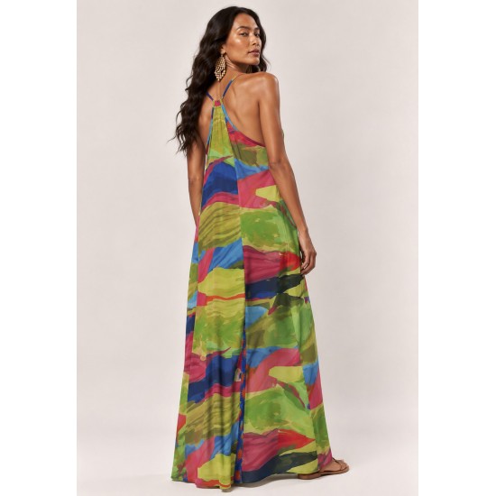 Vestido Longo Anambé Viscose com Bolsos Estampa Mata em Aquarela
