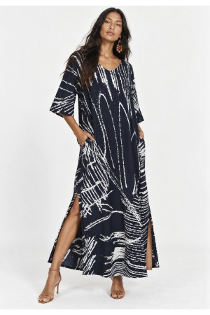 Vestido Midi Abapã Plano com Bolso Estampa Traços da Noite
