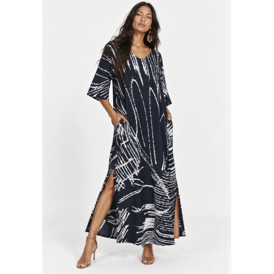 Vestido Midi Abapã Plano com Bolso Estampa Traços da Noite