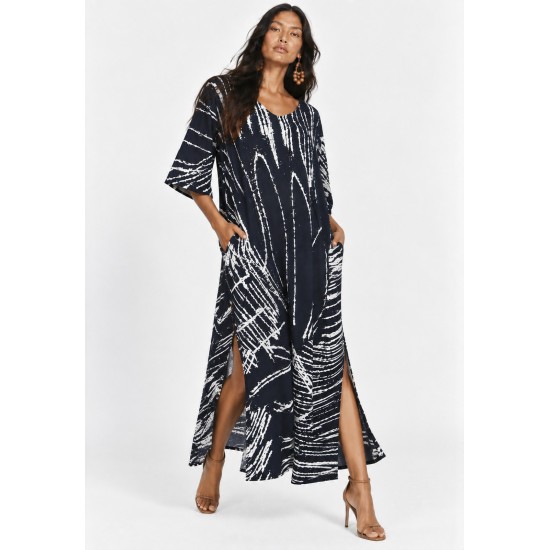 Vestido Midi Abapã Plano com Bolso Estampa Traços da Noite