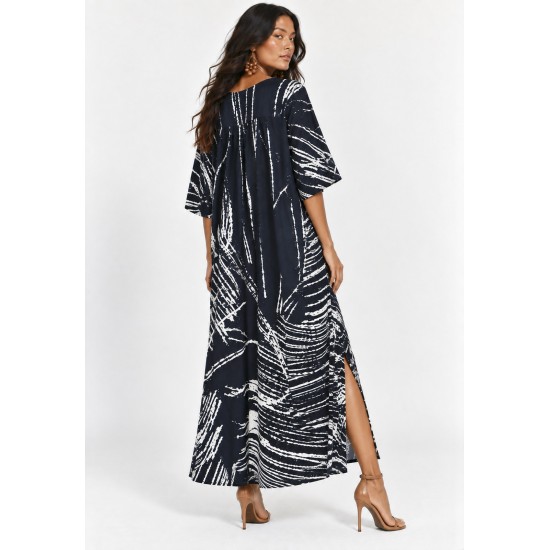 Vestido Midi Abapã Plano com Bolso Estampa Traços da Noite