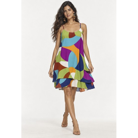 Vestido Curto Itaúna Viscose Babados Duplo Estampa Jardim Azul