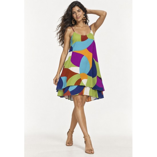 Vestido Curto Itaúna Viscose Babados Duplo Estampa Jardim Azul