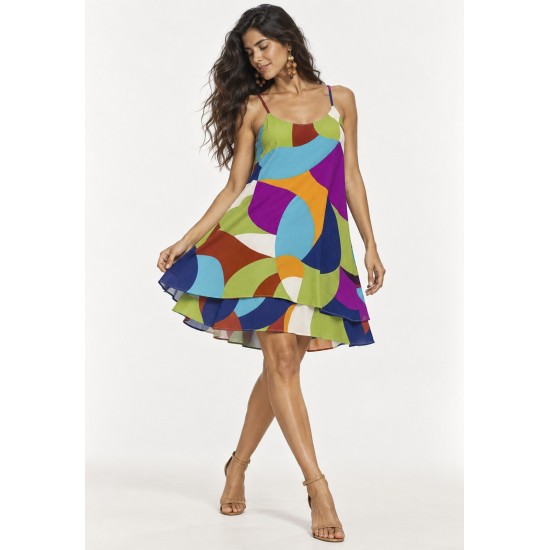 Vestido Curto Itaúna Viscose Babados Duplo Estampa Jardim Azul