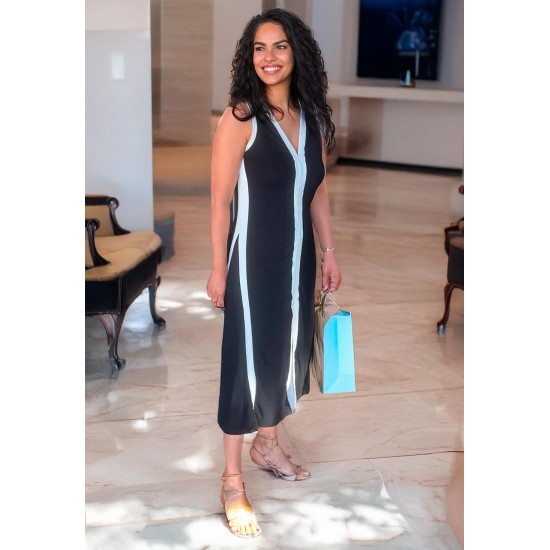 Vestido Midi Fenda Frontal Black and White