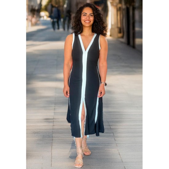 Vestido Midi Fenda Frontal Black and White