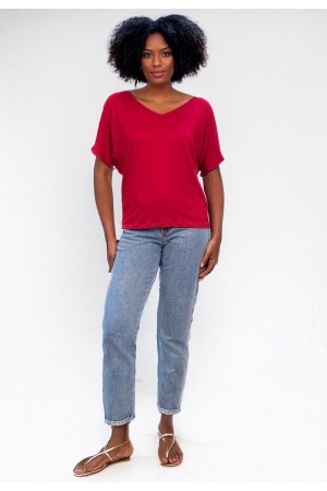 Blusa Básica Morcego Malha Gola V Manga Curta Bordô