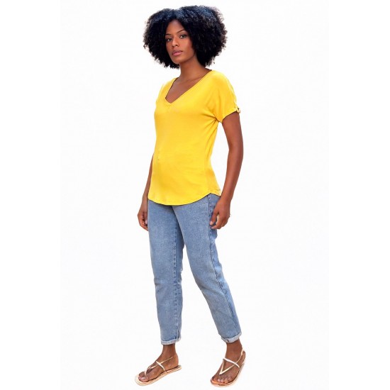 Blusa Básica Morcego Malha Gola V Manga Curta Amarela
