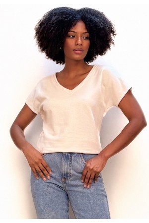 Blusa Básica Morcego Malha Gola V Manga Curta Branca