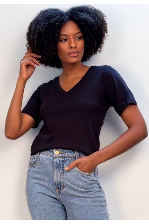 Blusa Básica Morcego Malha Gola V Manga Curta Preto