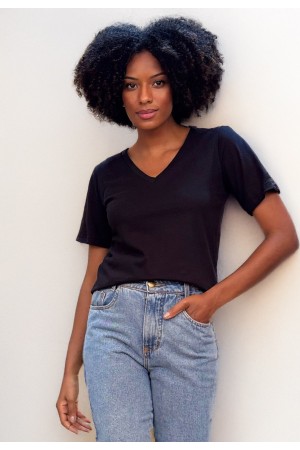 Blusa Básica Morcego Malha Gola V Manga Curta Preto