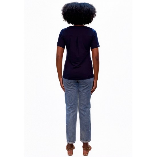 Blusa Básica Morcego Malha Gola V Manga Curta Azul Marinho