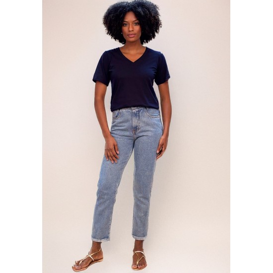 Blusa Básica Morcego Malha Gola V Manga Curta Azul Marinho