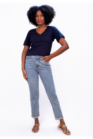 Blusa Básica Morcego Malha Gola V Manga Curta Azul Marinho