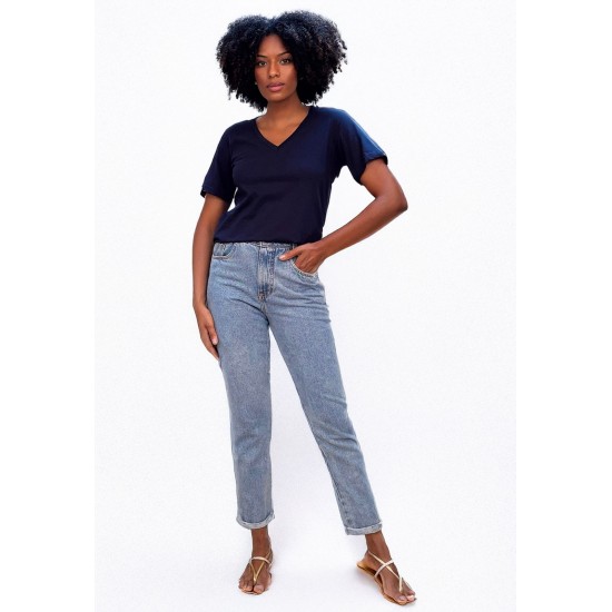 Blusa Básica Morcego Malha Gola V Manga Curta Azul Marinho