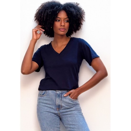 Blusa Básica Morcego Malha Gola V Manga Curta Azul Marinho