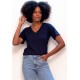 Blusa Básica Morcego Malha Gola V Manga Curta Azul Marinho