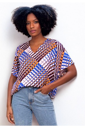 Blusa Gola V Manga Ampla Curta Estampa Geométrica