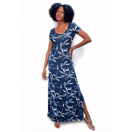 Vestido Longo Malha Gola Canoa Manga Curta Hibisco Blue