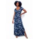 Vestido Longo Malha Gola Canoa Manga Curta Hibisco Blue