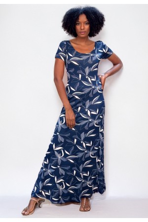 Vestido Longo Malha Gola Canoa Manga Curta Hibisco Blue