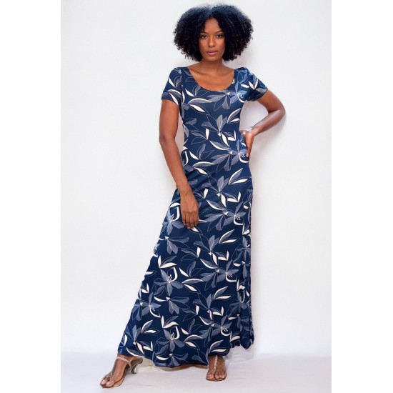 Vestido Longo Malha Gola Canoa Manga Curta Hibisco Blue