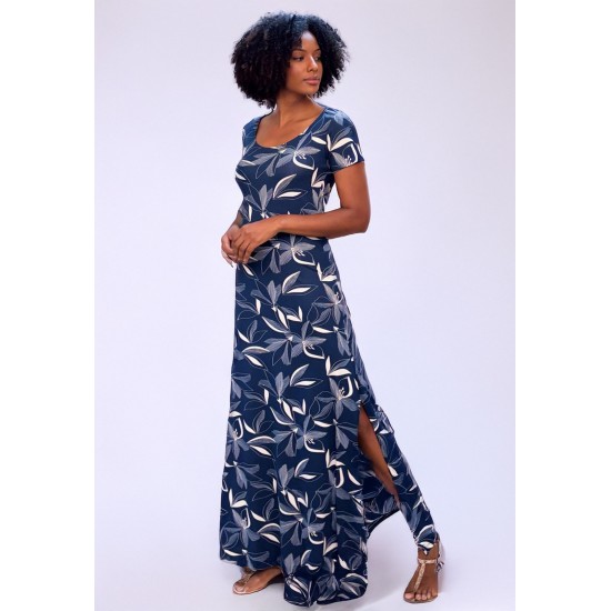 Vestido Longo Malha Gola Canoa Manga Curta Hibisco Blue