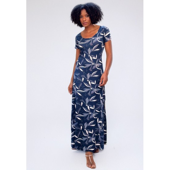 Vestido Longo Malha Gola Canoa Manga Curta Hibisco Blue