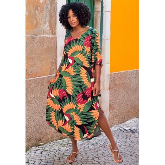 Vestido Midi Abapã Plano com Bolso Estampa Festa dos Tucanos